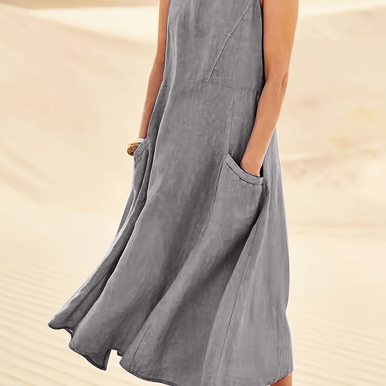 Vestido Longo Linho Casual com Bolsos Decote Redondo Sem Mangas