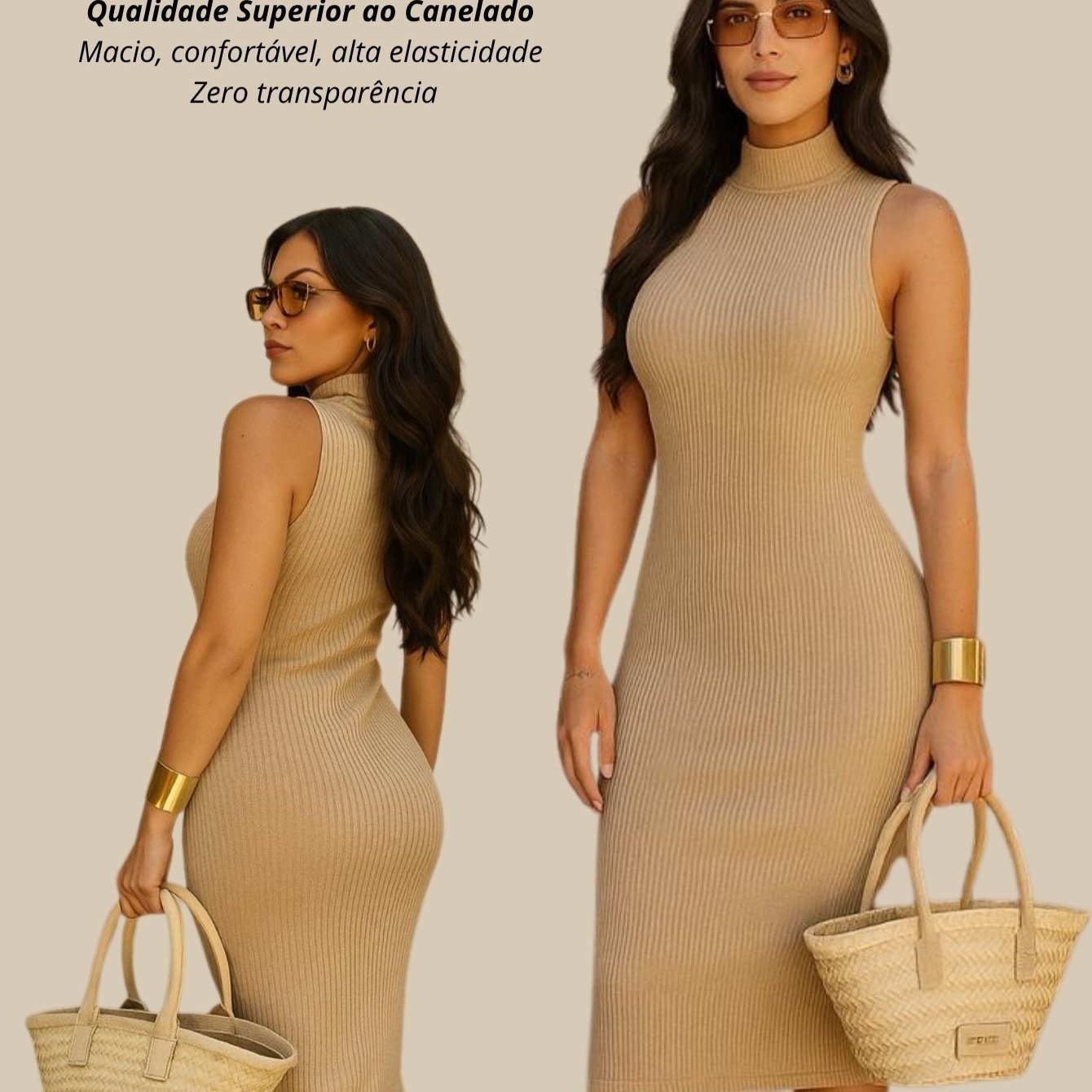Vestido Midi Tubinho Gola Alta Sem Mangas Canelado Elegante