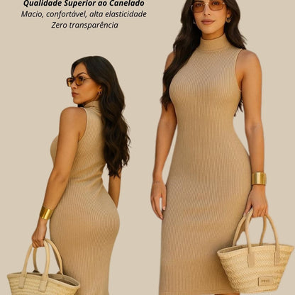 Vestido Midi Tubinho Gola Alta Sem Mangas Canelado Elegante
