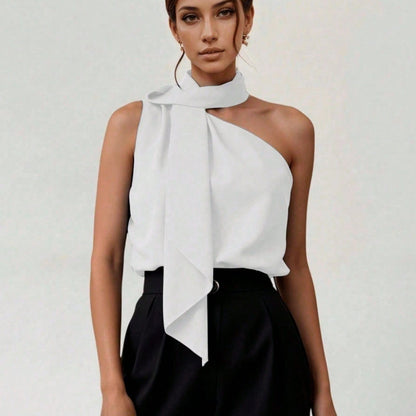 Blusa Feminina Ombro Único com Laço Ajustável Cetim Elegante Festa