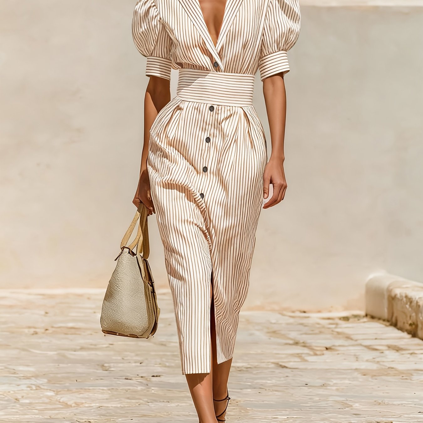 Vestido Midi Listrado com Mangas Bufantes Cinto e Botões Frontais
