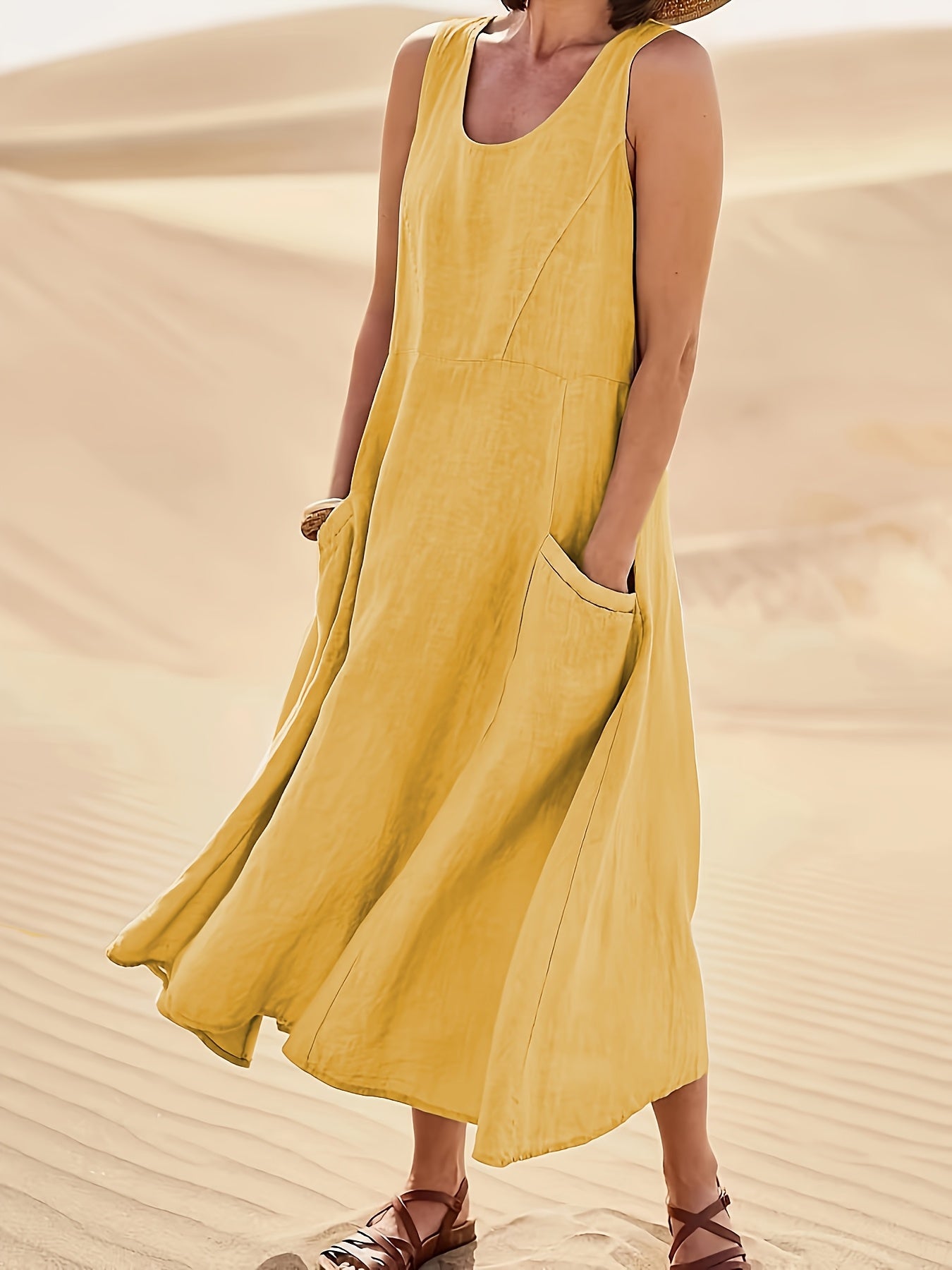 Vestido Longo Linho Casual com Bolsos Decote Redondo Sem Mangas