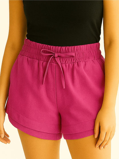 Shorts Feminino Linho Cintura Alta Elástica com Amarração Casual