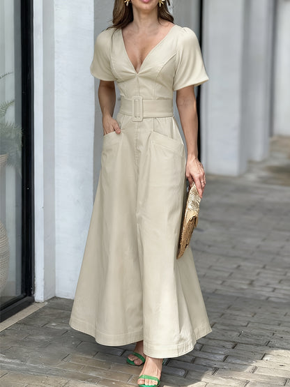 Vestido Comprido de Cor Sólida com Decote em V, Folhos, Cintura Ajustada e Bolsos