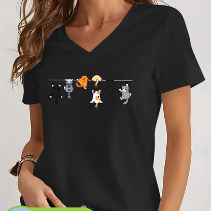 Camiseta Feminina Algodão Decote V Estampa Gatos Divertida Casual