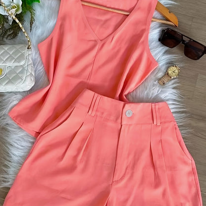 Conjunto Feminino Regata Decote V e Shorts Alfaiataria Casual Verão