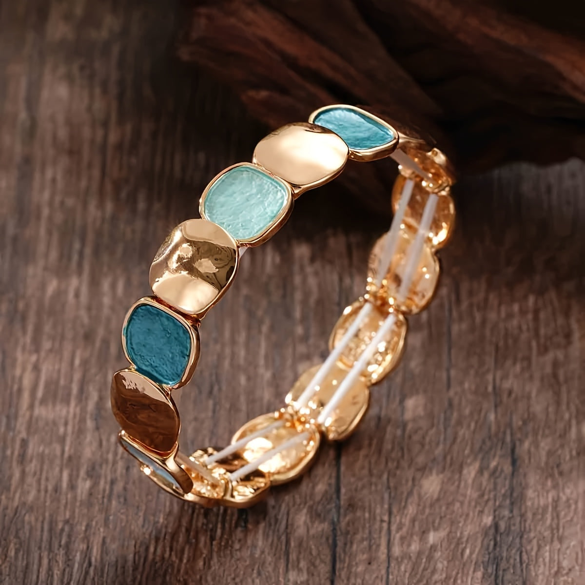 Pulseira Unissex Vintage Elegante Liga Zinco Dourada Elástica Quadrado Irregular
