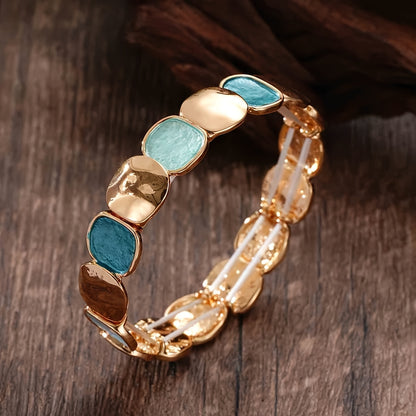 Pulseira Unissex Vintage Elegante Liga Zinco Dourada Elástica Quadrado Irregular