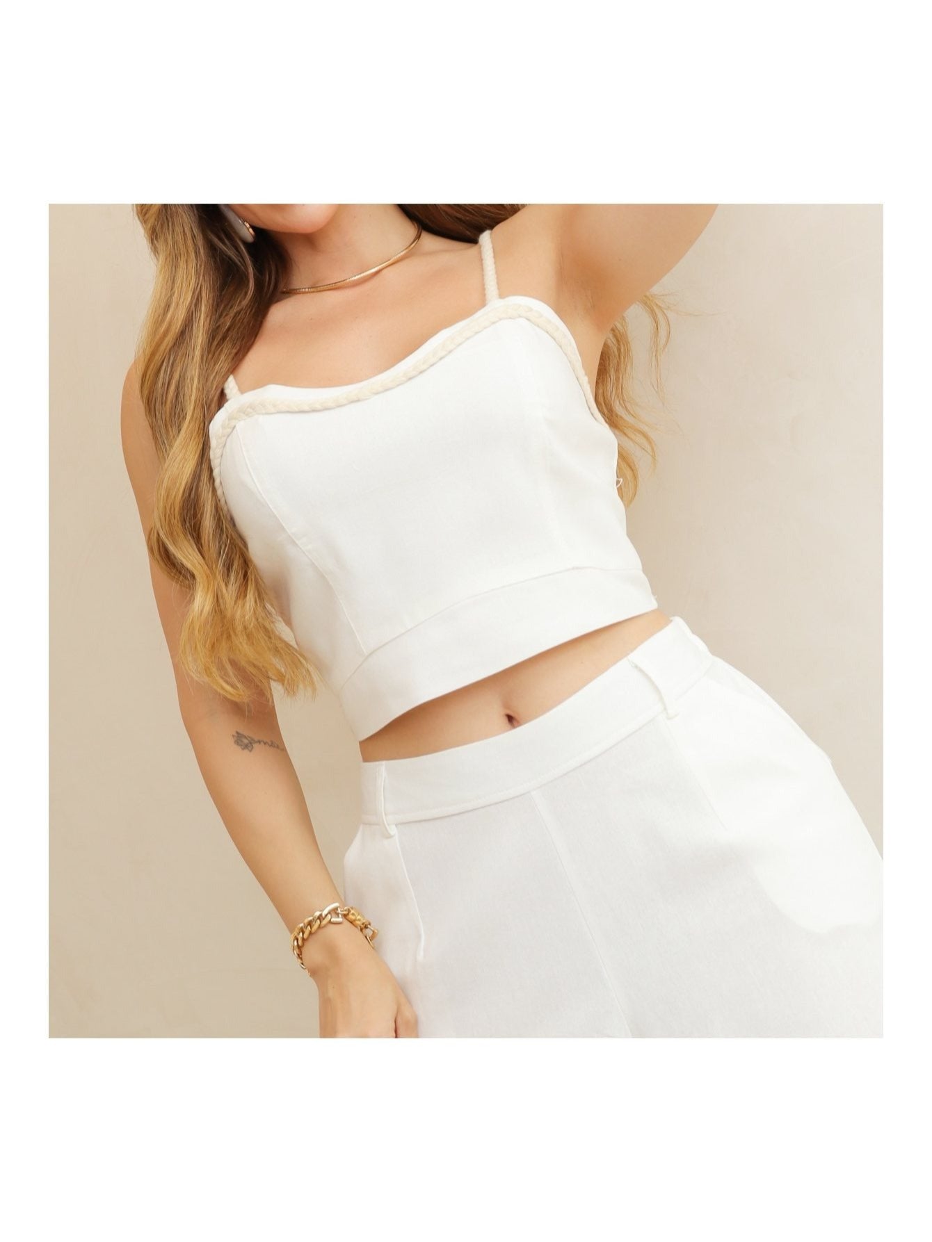 Conjunto Feminino Linho Top Cropped e Calça Pantalona Elegante