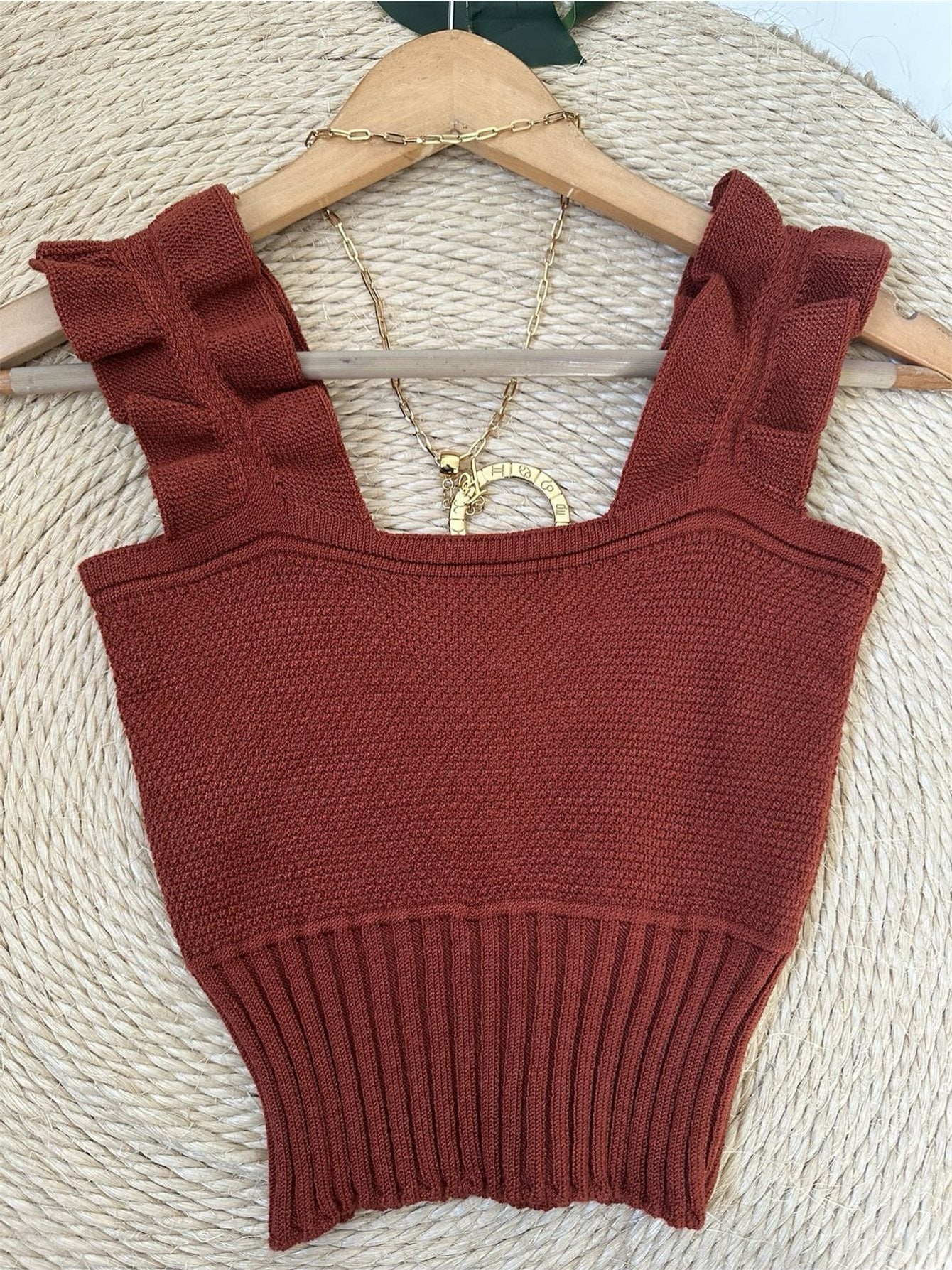 Top Cropped Tricot Feminino com Babados nas Alças Canelado Elegante