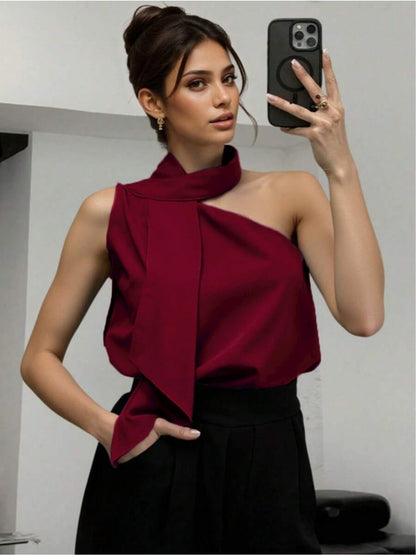 Blusa Feminina Ombro Único com Laço Ajustável Cetim Elegante Festa