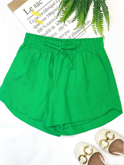 Shorts Feminino Linho Cintura Alta Elástica com Amarração Casual