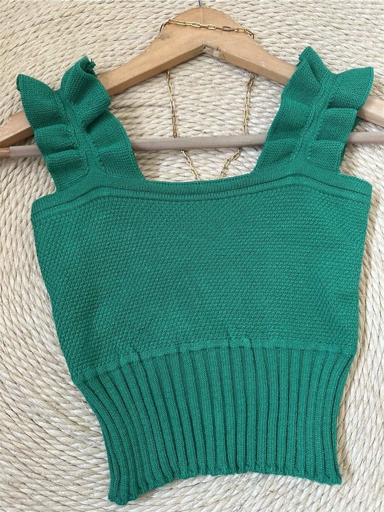 Top Cropped Tricot Feminino com Babados nas Alças Canelado Elegante