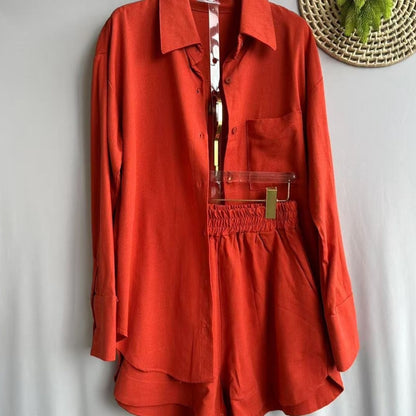 Conjunto Feminino Linho Camisa Manga Longa e Shorts Cintura Elástica Casual