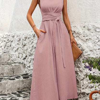 Vestido Casual Sem Mangas com Amarração nas Costas em Cor Sólida