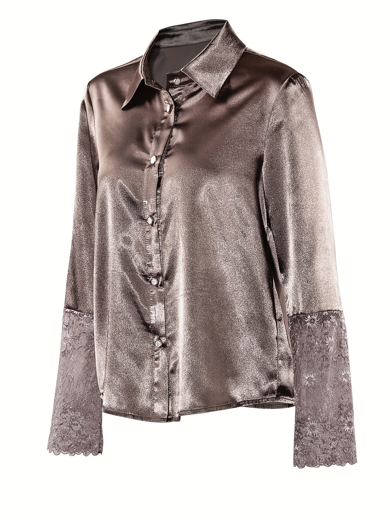 Blusa Feminina Polo Manga Longa Cetim Renda Botões Ajustada Chic