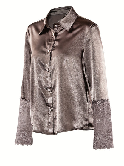Blusa Feminina Polo Manga Longa Cetim Renda Botões Ajustada Chic
