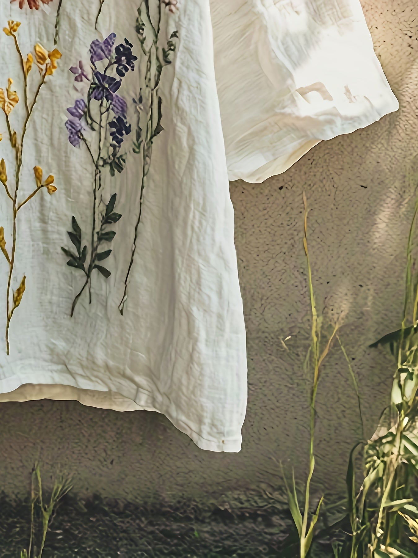 Blusa Feminina Linho Bordado Floral Manga 3/4 Decote V Oversized