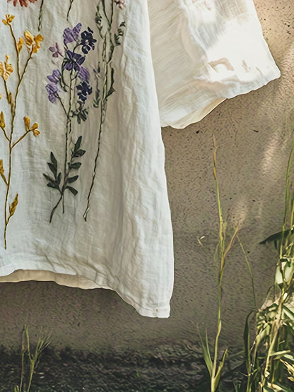 Blusa Feminina Linho Bordado Floral Manga 3/4 Decote V Oversized