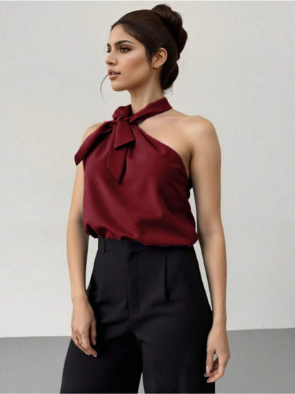 Blusa Feminina Ombro Único com Laço Ajustável Cetim Elegante Festa