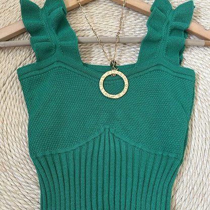 Top Cropped Tricot Feminino com Babados nas Alças Canelado Elegante