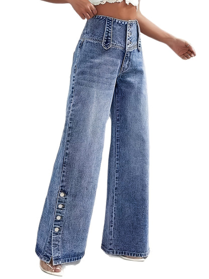 Calça Jeans Pantalona Vintage Cintura Alta com Botões Frontais