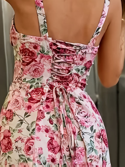 Vestido Midi Floral com Fenda Lateral Alças Finas e Amarração na Cintura