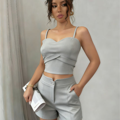 Conjunto Feminino Alfaiataria Top Cropped Bustier e Shorts Elegante