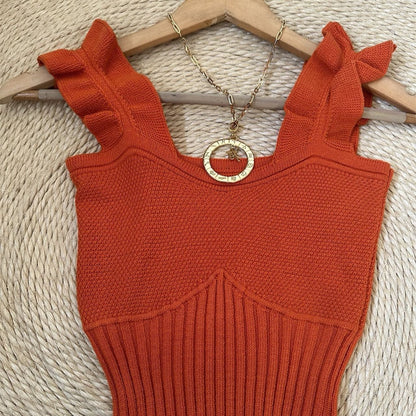 Top Cropped Tricot Feminino com Babados nas Alças Canelado Elegante