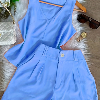 Conjunto Feminino Regata Decote V e Shorts Alfaiataria Casual Verão