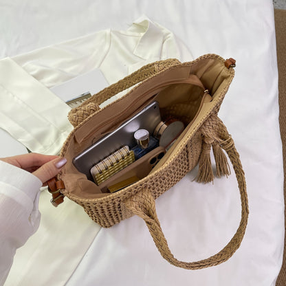 Bolsa de Praia Feminina Palha Sintética Alça Ajustável Removível Verão