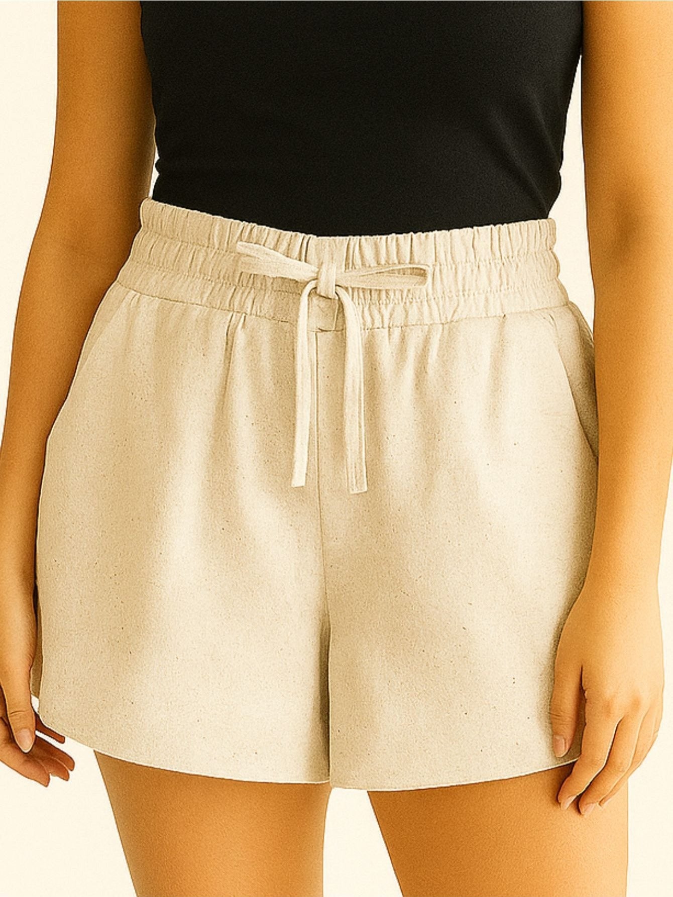Shorts Feminino Linho Cintura Alta Elástica com Amarração Casual