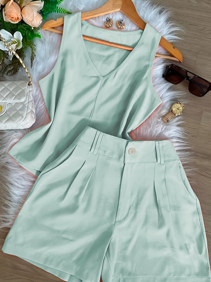 Conjunto Feminino Regata Decote V e Shorts Alfaiataria Casual Verão