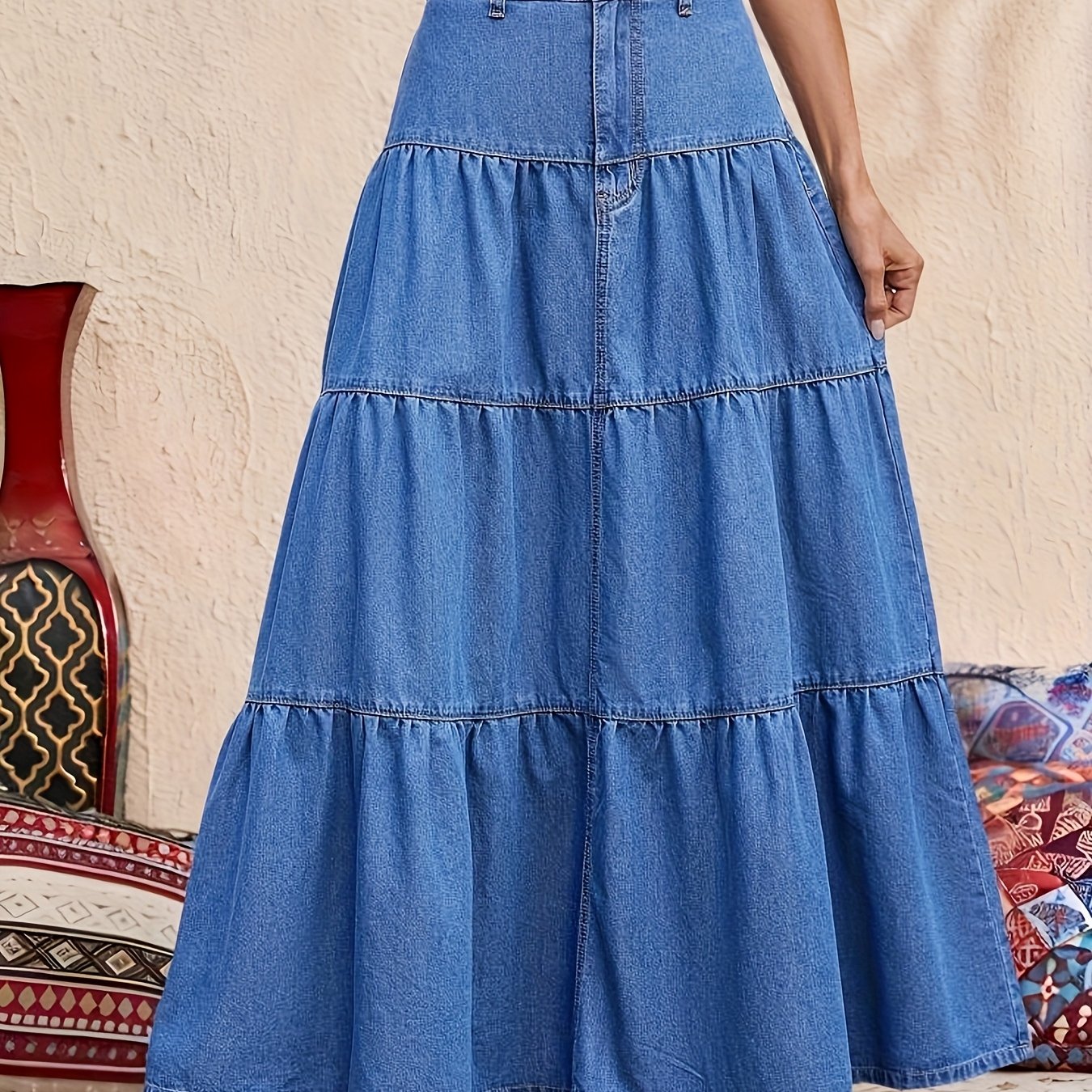 Saia Longa Jeans com Babados em Camadas Estilo Boho Casual