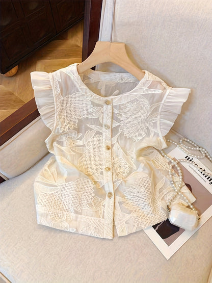 Blusa Feminina Laise Branca Manga Curta com Babados e Botões Romântica