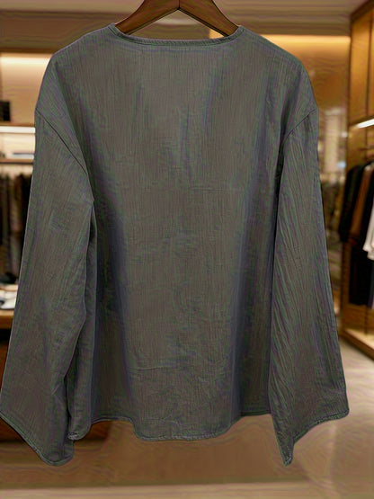 Blusa Feminina Linho Manga 3/4 Decote V com Bordado e Botões Elegante