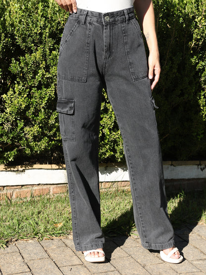 Calça Cargo Feminina Pantalona com Bolsos Laterais e Zíper