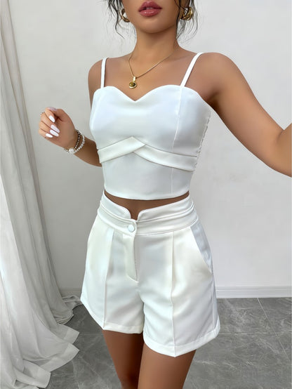 Conjunto Feminino Alfaiataria Top Cropped Bustier e Shorts Elegante