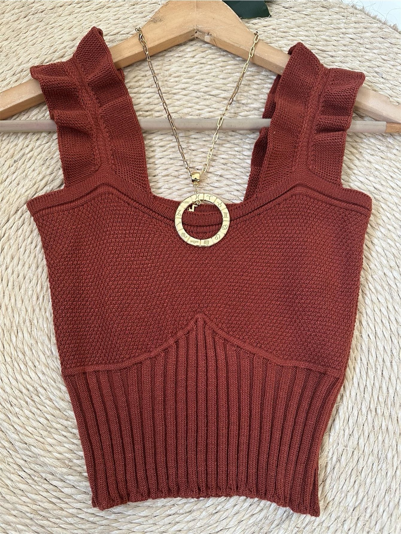 Top Cropped Tricot Feminino com Babados nas Alças Canelado Elegante