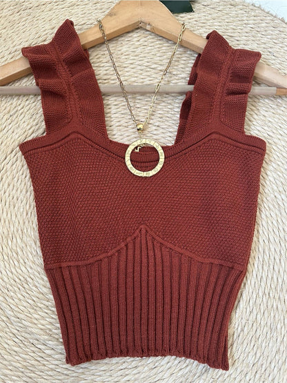 Top Cropped Tricot Feminino com Babados nas Alças Canelado Elegante