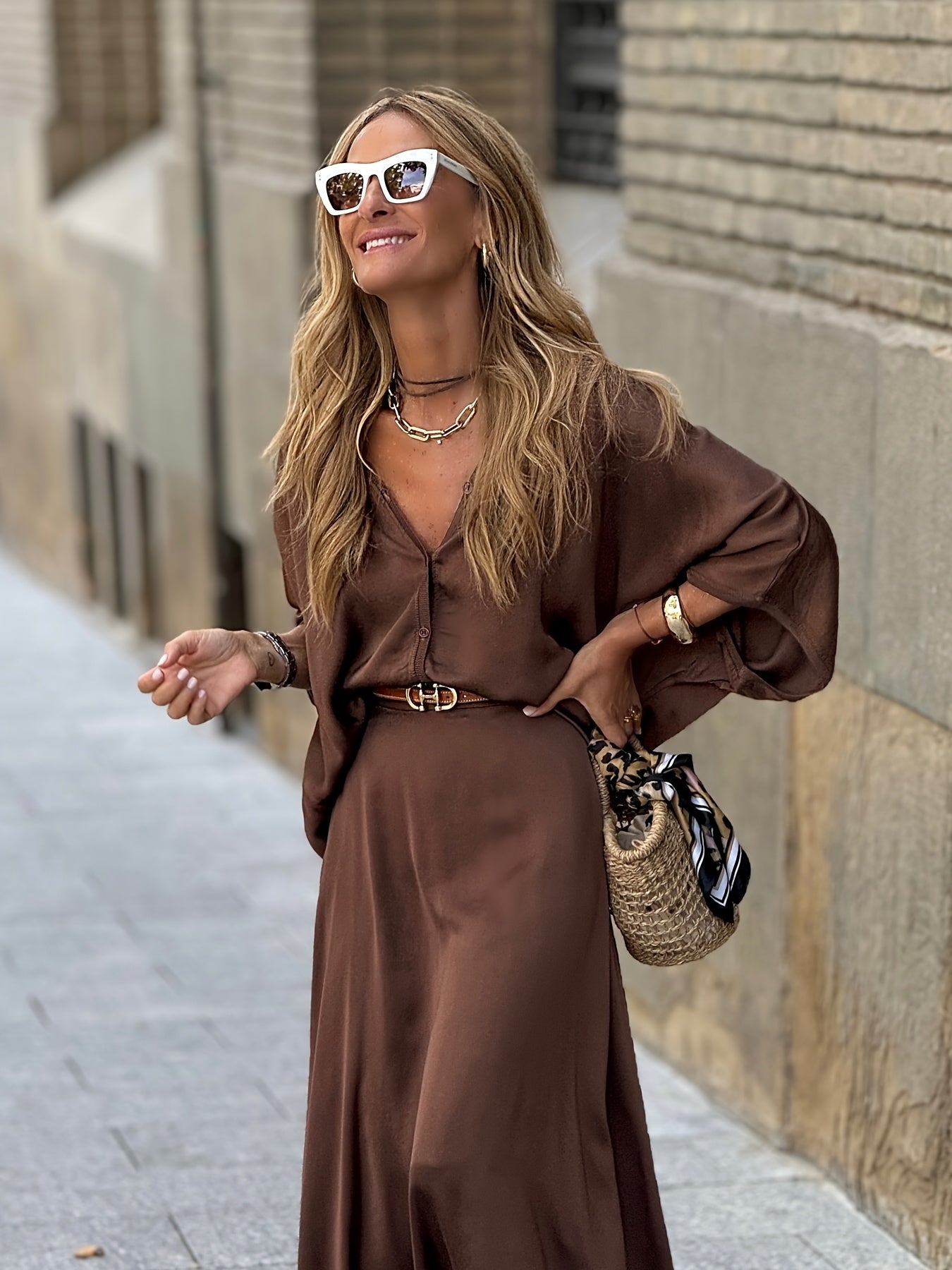 Conjunto Feminino Cetim Manga Morcego Camisa e Saia Longa Elegante