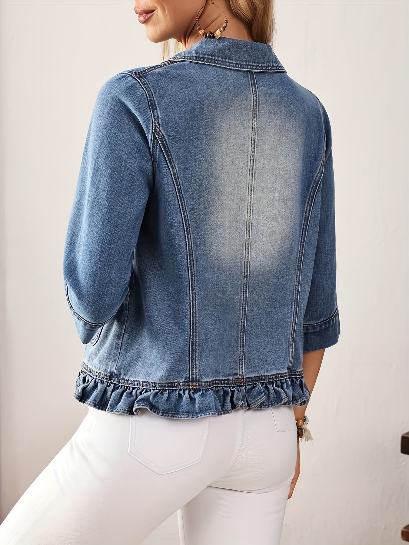 Jaqueta Jeans Feminina Manga 3/4 com Babados na Barra Casual Elegante