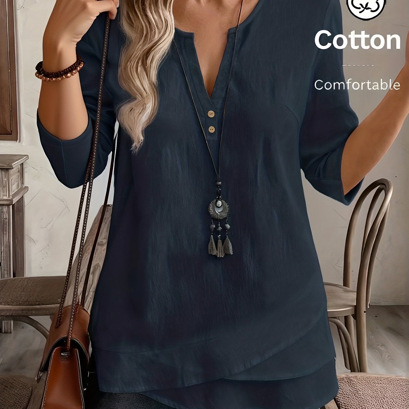 Blusa Feminina Manga 3/4 Decote V com Botões Barra Assimétrica Casual