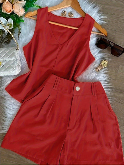 Conjunto Feminino Regata Decote V e Shorts Alfaiataria Casual Verão
