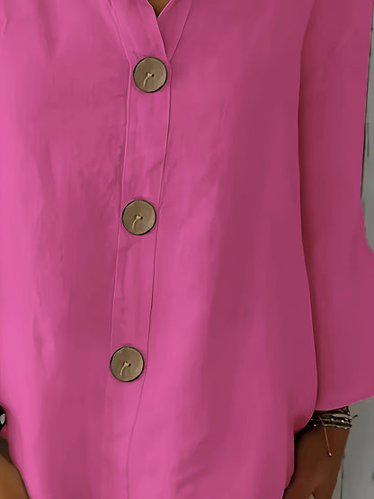 Blusa Feminina Linho Manga 3/4 com Botões Frontais Decote V Casual