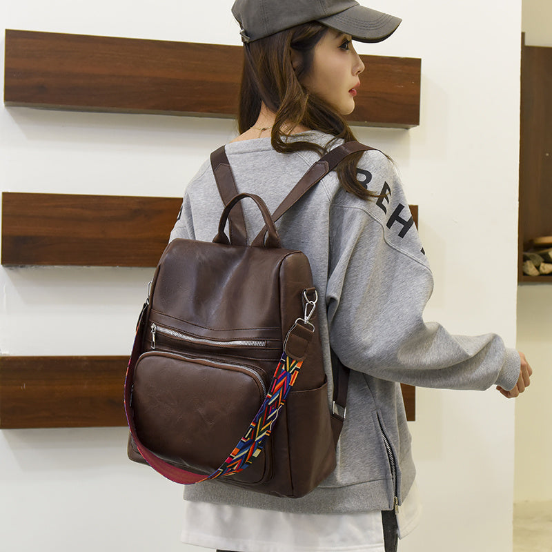 Mochila Feminina Couro Sintético Alça Colorida Trabalho Escola Viagem