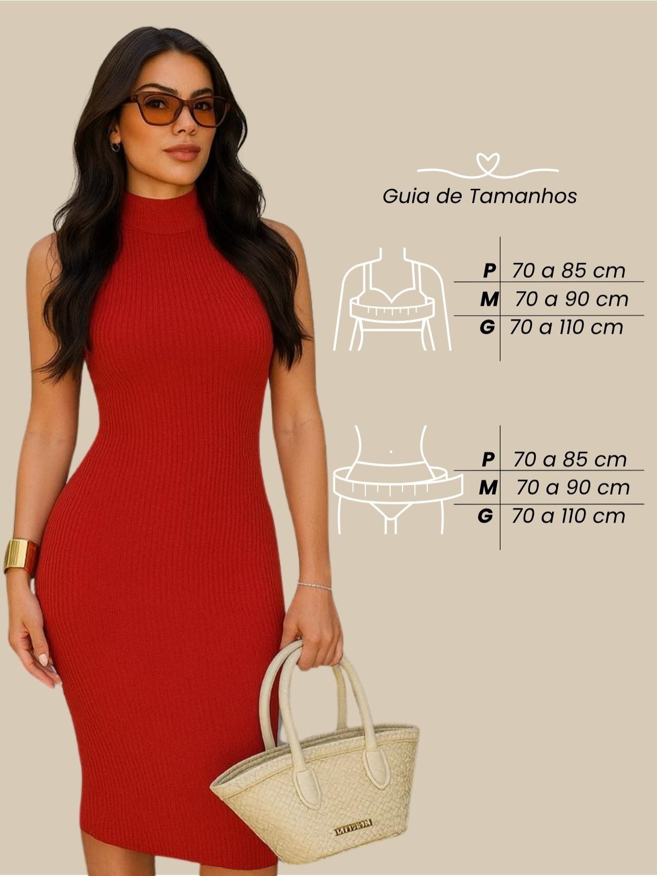 Vestido Midi Tubinho Gola Alta Sem Mangas Canelado Elegante