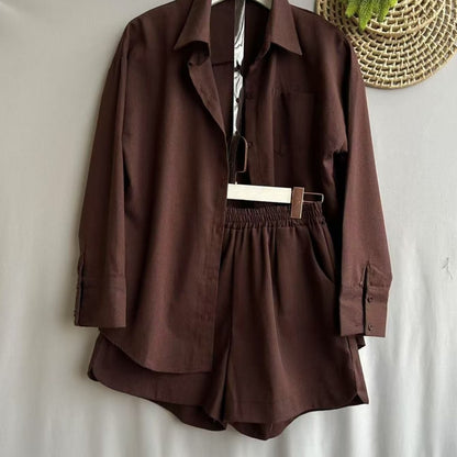 Conjunto Feminino Linho Camisa Manga Longa e Shorts Cintura Elástica Casual