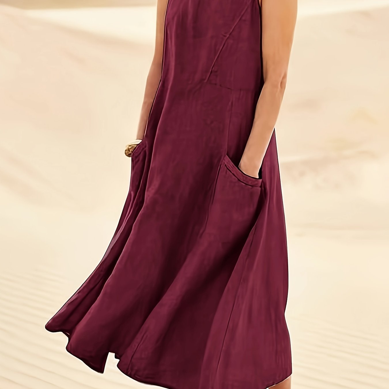 Vestido Longo Linho Casual com Bolsos Decote Redondo Sem Mangas