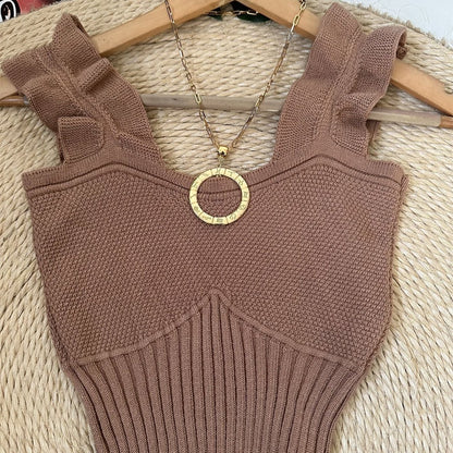 Top Cropped Tricot Feminino com Babados nas Alças Canelado Elegante
